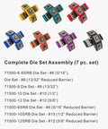 Complete die set for Portable Hydraulic AC Hose Crimper Kit With Snap-On Dies, variety of colors and sizes for AC hose repair.