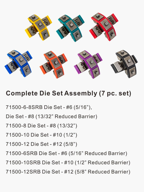 Complete die set for Portable Hydraulic AC Hose Crimper Kit With Snap-On Dies, variety of colors and sizes for AC hose repair.