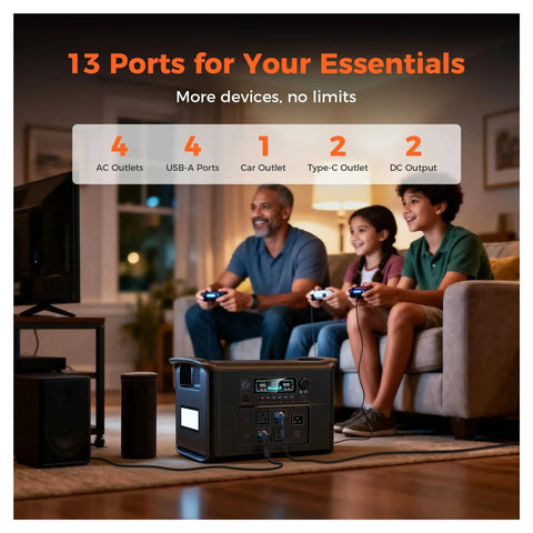 Hella Reliable Portable Solar Power Station 2400W 2048Wh with multiple ports, powering devices for gaming at home.