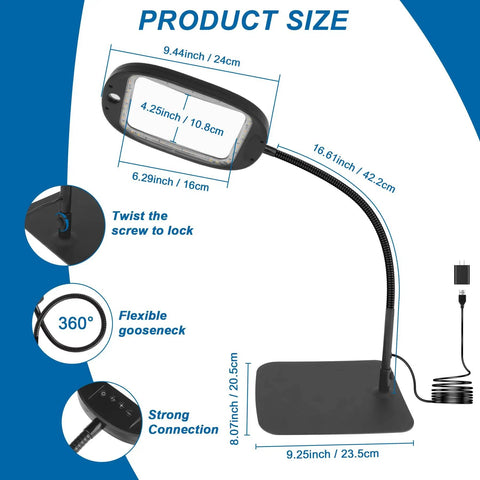Dual Lens Lighted Magnifier With Stand For Reading And Crafts, Extra Large 7 Inch Viewing Area, adjustable stand dimensions
