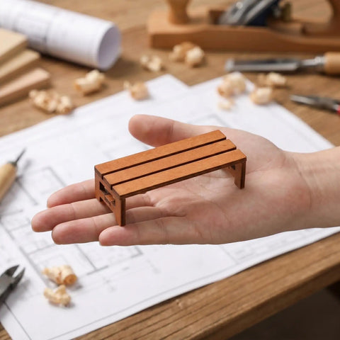 3 Piece Tiny Miniature Wooden Bench Set For Dollhouses 1 12 Scale Park Chairs Craft Wood Accessories For Fairy Gardens Photo Backdrops Bonsai Landscaping And Scenic Displays in hand close-up