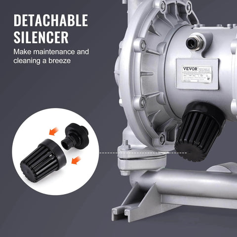 Close-up of aluminum Air Operated Double Diaphragm Pump, 44GPM, Max 115PSI Air Waste Oil Pneumatic Transfer Pump with detachable silencer.