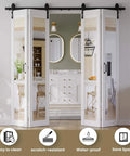 Mirror Panel Bifold Barn Door Kit With Sliding Hardware For Narrow Closets, 56 Inch Width By 84 Inch Height, Pre Drilled Slab, White MDF, 64 Inch Track For Four Doors, Easy Installation, Space Saving Design installed in a room