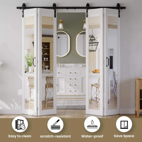 Mirror Panel Bifold Barn Door Kit With Sliding Hardware For Narrow Closets, 56 Inch Width By 84 Inch Height, Pre Drilled Slab, White MDF, 64 Inch Track For Four Doors, Easy Installation, Space Saving Design installed in a room