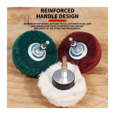 Reinforced handle design of 10 Piece Premium Non Woven Abrasive Buffing Wheel Set With 1/4 Inch Shank for polishing tasks.
