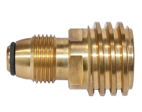 Side view of brass Propane Tank Adapter Converts POL LP Tank Service Valve To QCC1 Type 1 Hose Or Regulator For Old To New Style Systems.