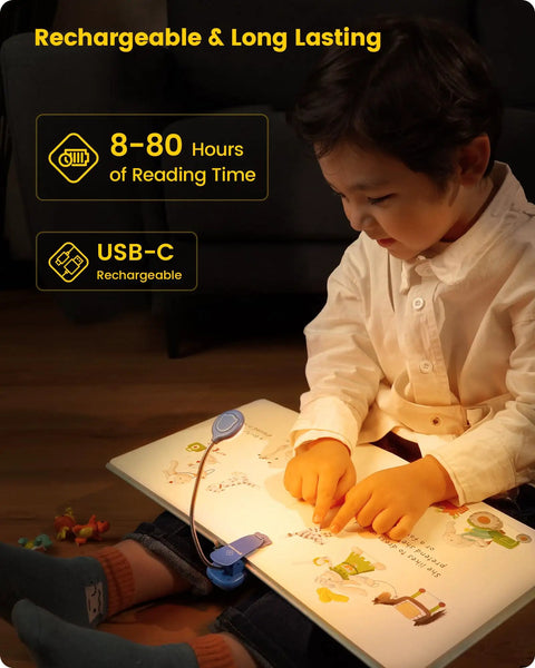 Child reading book at night with 16 LED Book Light For Kids With Eye Caring Amber Mode And High CRI 95 Plus Three Color Options