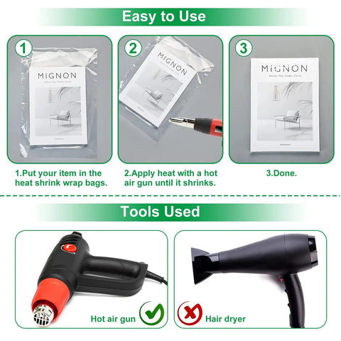Premium Heat Shrink Bags With Self Adhesive Edge And Crystal Clear Film For Effortless Diy Crafting Gift Wrapping process steps with hot air gun.