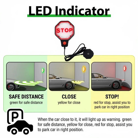 Image of Upgraded LED Garage Parking Sensor Featuring Adjustable Red Yellow Green Warning Lights and Dual Power Car Stop Indicator.