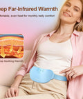 Woman wearing a blue Cordless Portable Heating Pad For Period Cramps On The Go, showing deep FIR heat benefits.