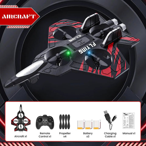 Foam RC Plane Fighter Jet With Auto Hover And 360 Flip Aerial Stunts, Headless Mode, LED Lights and Accessories Displayed