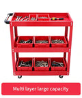 Three Tier Metal Rolling Tool Cart Heavy Duty Utility Cart With Easy Roll Wheels And Handy Handle, red steel, multi layer large capacity