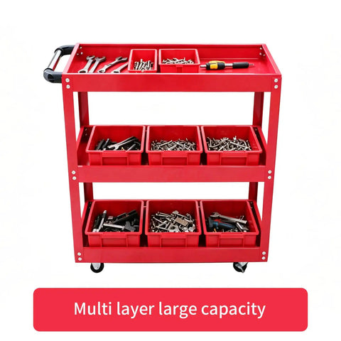 Three Tier Metal Rolling Tool Cart Heavy Duty Utility Cart With Easy Roll Wheels And Handy Handle, red steel, multi layer large capacity