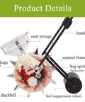 Diagram of Garden Seed Dispenser and Row Crop Planter for Easy Sowing, showing seed storage, handle, and seed wheels.