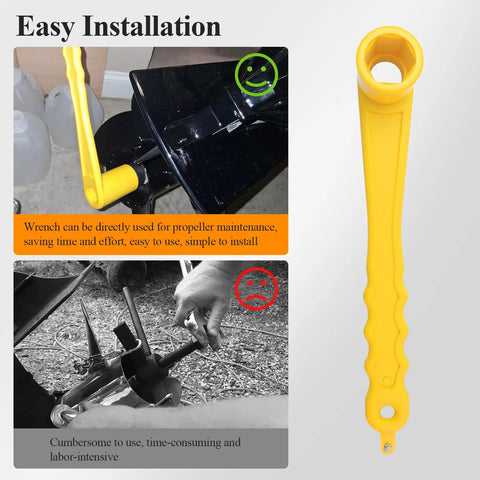 Universal Lightweight Prop Wrench For Marine Outboard And Stern Drives, Pro Grade Tool, Bright Yellow, shown during use.