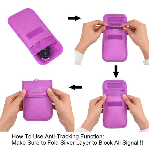 Purple RFID Key Fob Protector And Faraday Bag For Car Key Signal Blocking Anti Hack Anti Theft Pouch With Silver Lined Pocket overview