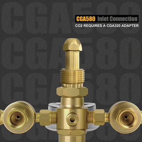 Close-up view of Dual Output Argon and CO2 Regulator Flowmeter for TIG and MIG Welders, CGA 580 inlet connection detail.