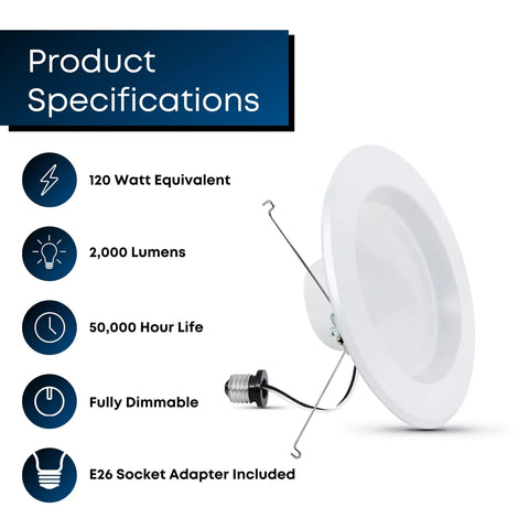 5 to 6 Inch LED Recessed Downlight Retrofit Kit, 22W, 2000 Lumens, 5000K Daylight, Dimmable, 90+ CRI, E26 Adapter Included, 6 Pack
