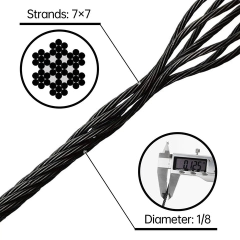 Marine Grade T316L Stainless Steel Cable 220 Foot Black Wire Rope One Eighth Inch 7 by 7 Strands with Diameter and Strand Detail