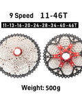 Nine Speed Bike Cassette 11-32T to 11-50T Set shown in 11-46T configuration with nickel plating, bulletproof wear-resistant build.