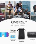 Polarized Sports Sunglasses for Cycling and MTB Riding with UV400 Protection, accessories and packaging shown with activity images.