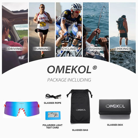 Polarized Sports Sunglasses for Cycling and MTB Riding with UV400 Protection, accessories and packaging shown with activity images.