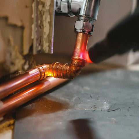 Five 3/8-inch straight copper fittings with sweat joints installed on a copper line near a valve