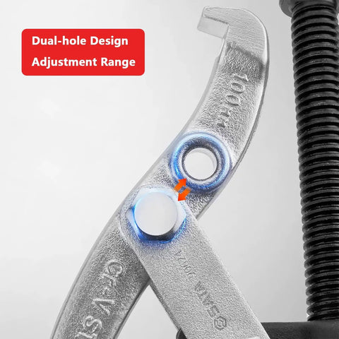Professional Workhorse Two Jaw Adjustable Gear Puller and Bearing Removal Tool with dual-hole design for adjustable range.