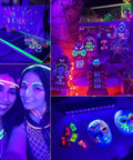 Two Pack 60W LED Black Light Bar With Remote For Glow Parties above glowing decorations and painted faces