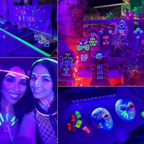 Two Pack 60W LED Black Light Bar With Remote For Glow Parties above glowing decorations and painted faces