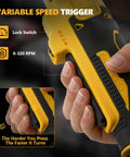 Close-up of hand using variable speed trigger on Upgraded Brushless Three Eighths Inch Cordless Ratchet Wrench With Sixty Foot Pounds Of Torque Variable Speed And LED Light 20V Battery Compatible Not Included This Tool Is A Beast For Auto Home And Workshop