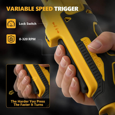 Close-up of hand using variable speed trigger on Upgraded Brushless Three Eighths Inch Cordless Ratchet Wrench With Sixty Foot Pounds Of Torque Variable Speed And LED Light 20V Battery Compatible Not Included This Tool Is A Beast For Auto Home And Workshop