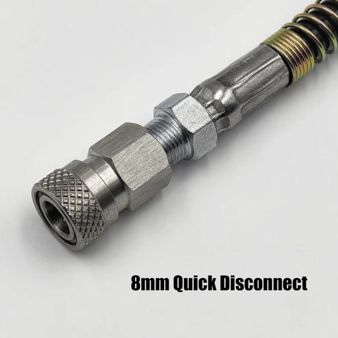 Heavy Duty Paintball And Airsoft Tank Fill Station With 37 Inch Hose Stainless Steel Build DIN Thread Five Eighth BSPP High Pressure 4600 PSI HPA Refill Connector close-up.