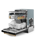 Heavy Duty 24 Inch Dishwasher Sharp Black Bronze Finish with interior racks filled with dishes for efficient cleaning.