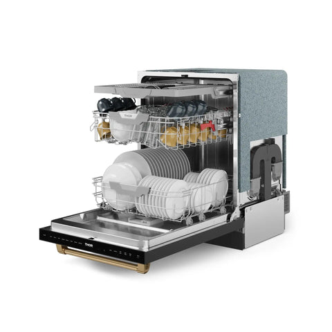 Heavy Duty 24 Inch Dishwasher Sharp Black Bronze Finish with interior racks filled with dishes for efficient cleaning.