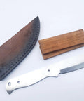 Nine Inch Stainless Outdoor Hunter Knife Kit with blank blade, rose wood scales, and cowhide leather sheath displayed on a surface.