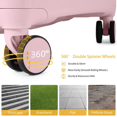 LARVENDER 3-piece pink hardside luggage set with carry-on suitcase; close-up of 360° spinner wheels.