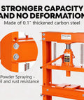 Detailed view of Heavy Duty 20 Ton Hydraulic H Frame Shop Press With Adjustable Worktable And Removable Stamping Plates Built Tough As Nails For Garage Pros And Metalworkers Who Want To Handle Heavy Loads Without Breaking A Sweat In Bright Orange, showcasing thickened carbon steel and powder coating.
