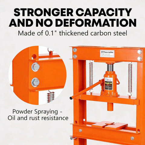 Detailed view of Heavy Duty 20 Ton Hydraulic H Frame Shop Press With Adjustable Worktable And Removable Stamping Plates Built Tough As Nails For Garage Pros And Metalworkers Who Want To Handle Heavy Loads Without Breaking A Sweat In Bright Orange, showcasing thickened carbon steel and powder coating.