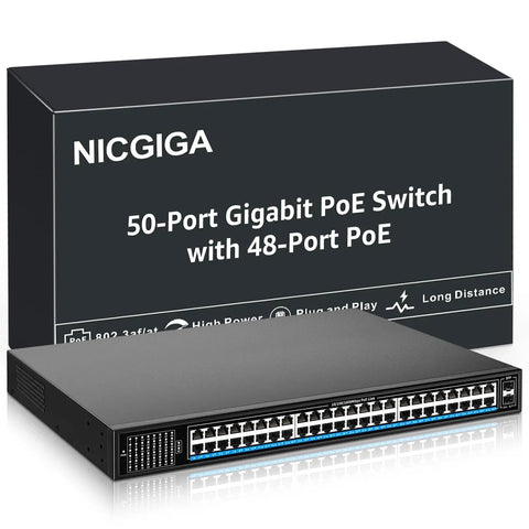 48 Port Gigabit PoE Switch Unmanaged With IEEE 802.3af/at PoE Plus Up To 400W Budget front view with package