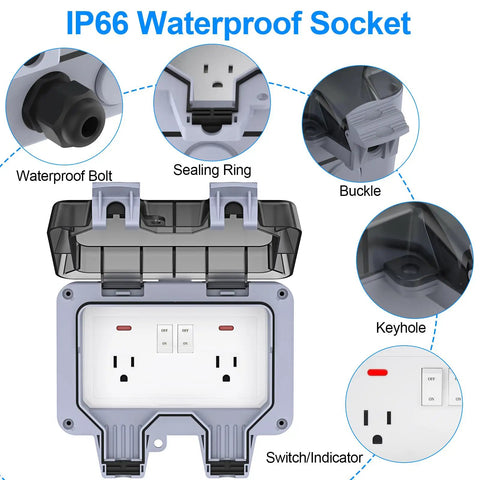 Double Outdoor Electrical Outlet With IP66 Weatherproof Cover, 2-Gang Outdoor Plug Box, Dustproof And Close Enclosed Design For Patios, Gardens, And Decks, Durable Waterproof Power Source For Wet Environments. White plastic 2-gang outdoor socket with cover open, switches and seals visible.