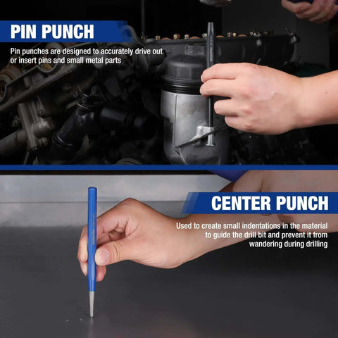 Using pin punch and center punch from 30 Piece Heavy Duty Punch And Chisel Set With Roll Pouch Cold And Cape Chisels Center Pin And Taper Punches Gauge Blackened Painted Finish For Durability And Ready For Tough Jobs Everyday on metal surface and engine