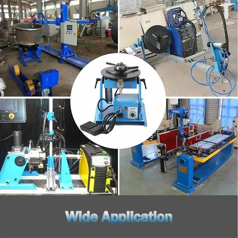 Top Shelf Heavy Duty Welding Positioner With Slick 360 Degrees Rotary Turntable And Variable Control 0 To 90 Degree Tilt Plus Foot Pedal And Chuck For Pro Pipe And Welding shown with various welding setups.