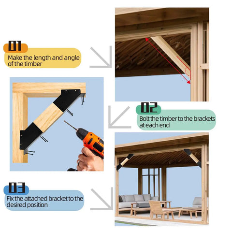 Installation guide for Heavy Duty Metal Corner Braces 45 Degree Angle Support Plates on timber frame construction.