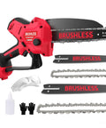 Cordless Mini Chainsaw With Dual 6 And 8 Inch Bars, 1000W Brushless Motor, 29.8 Feet Per Second Chain Speed, Great For Tree Trimming And Pruning, Compatible With M18 Battery, Battery Not Included, with accessories displayed