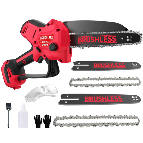 Cordless Mini Chainsaw With Dual 6 And 8 Inch Bars, 1000W Brushless Motor, 29.8 Feet Per Second Chain Speed, Great For Tree Trimming And Pruning, Compatible With M18 Battery, Battery Not Included, with accessories displayed
