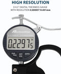 Close-up of Pro Grade Digital Thickness Gauge 0-12.7mm 0.5 Inch with LCD Display showing measurement on screen.