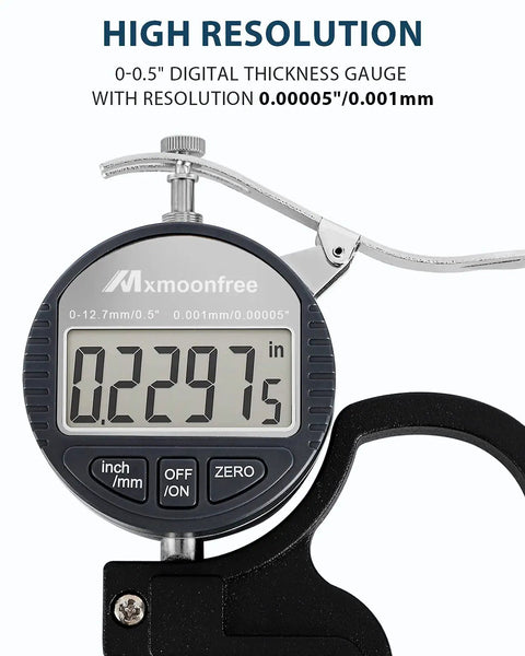 Close-up of Pro Grade Digital Thickness Gauge 0-12.7mm 0.5 Inch with LCD Display showing measurement on screen.