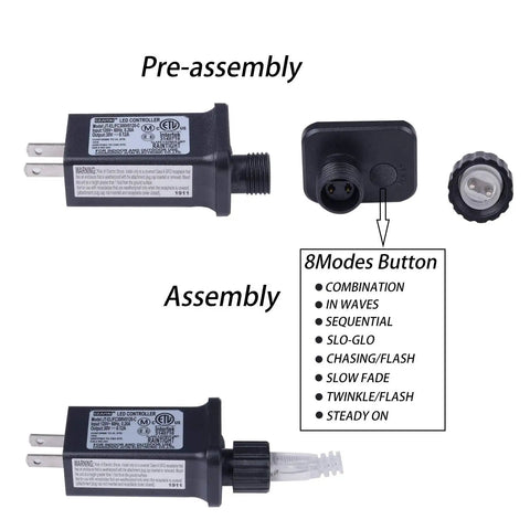 Pre-assembly and assembly view of the 8 modes controller for Pink Curtain Lights Eight Modes With Memory Function For Window Decor Six Point Six Feet By Six Point Six Feet Led Fairy String Lights For Room Wall Ceiling Ambiance.