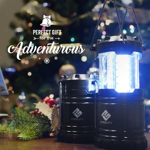 Four Pack LED Camping Lanterns For Power Outages And Emergencies, Battery Operated, with festive decor background